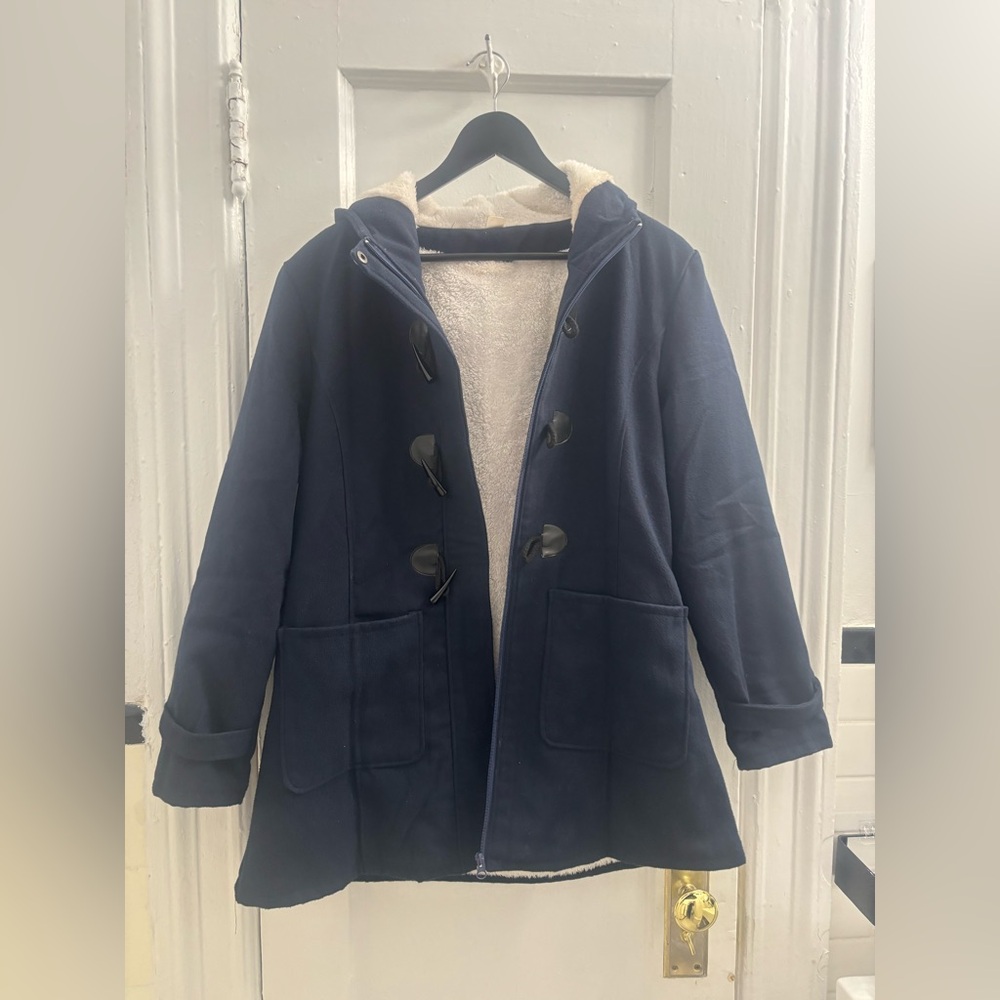 Navy Toggle Coat with White Faux Fur Lining